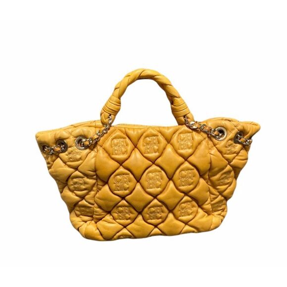 CH Carolina Herrera Mustard Leather Puffer Tote Handbag - Picture 3 of 6